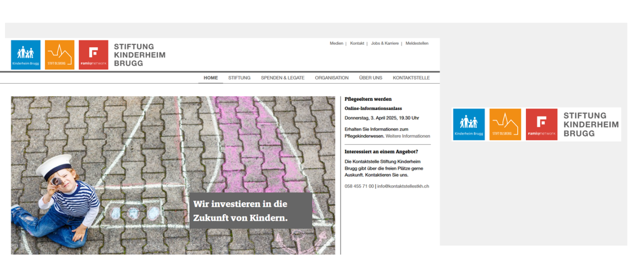 Übersicht Bild Startseite der Webseite und Logo Stiftung Kinderheim Brugg
