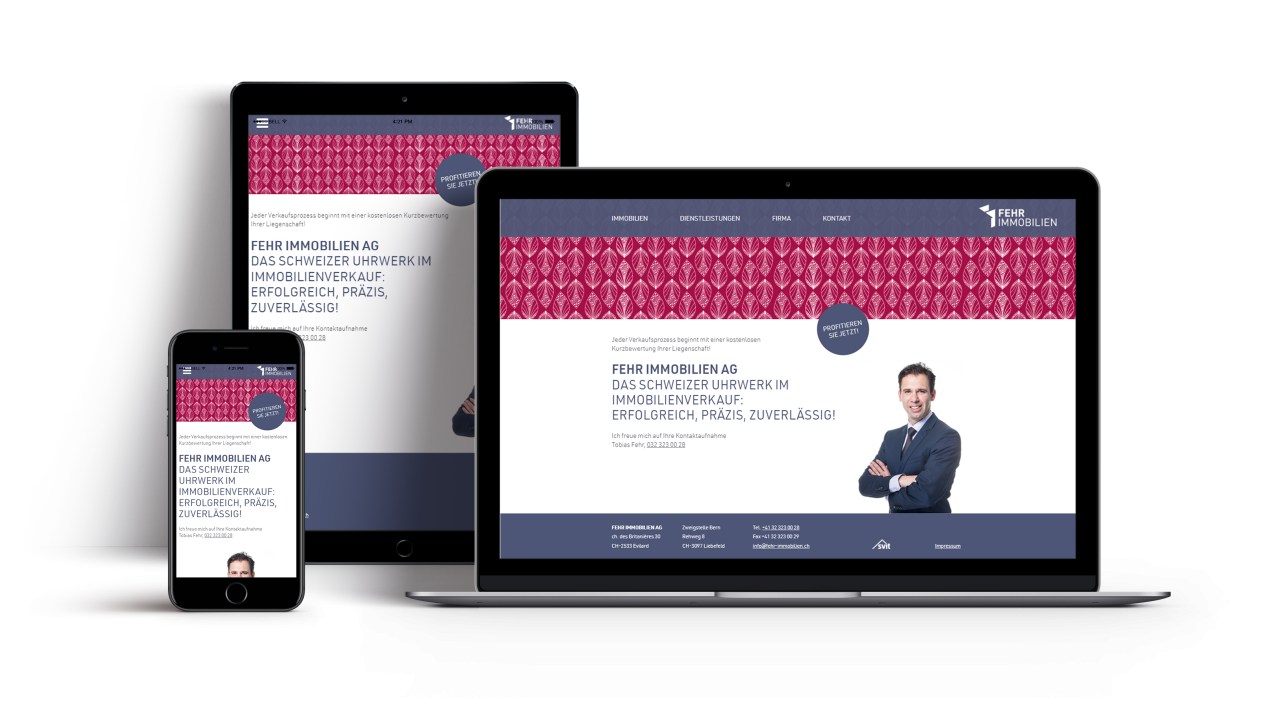 Ansicht Startseite Fehr Immobilien auf Laptop Iphone und Ipad